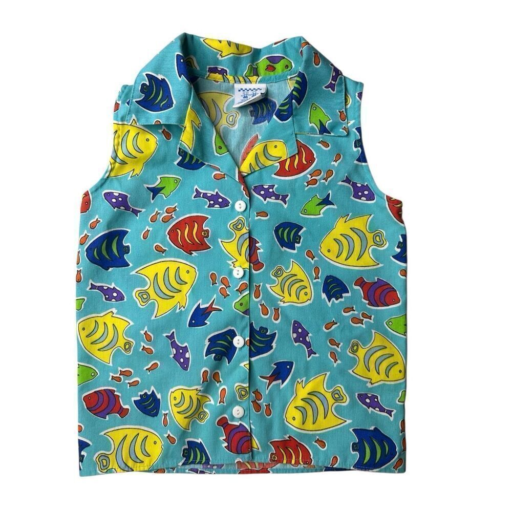 Kelly's Kids Multicolor Fish Print Sleeveless Button Down Shirt Size Medium